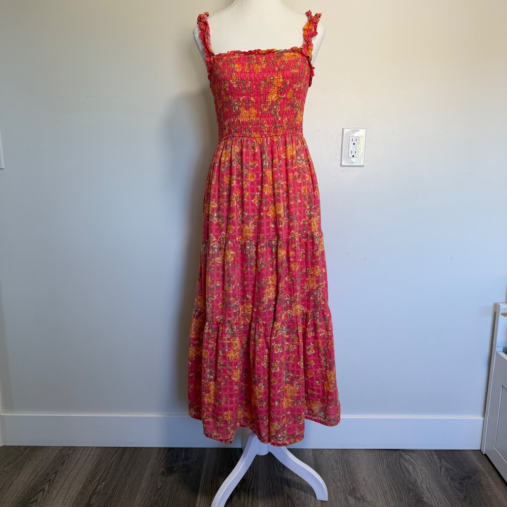 Japna Floral Smocked Midi Dress Size Medium Pink Tiered Boho Summer